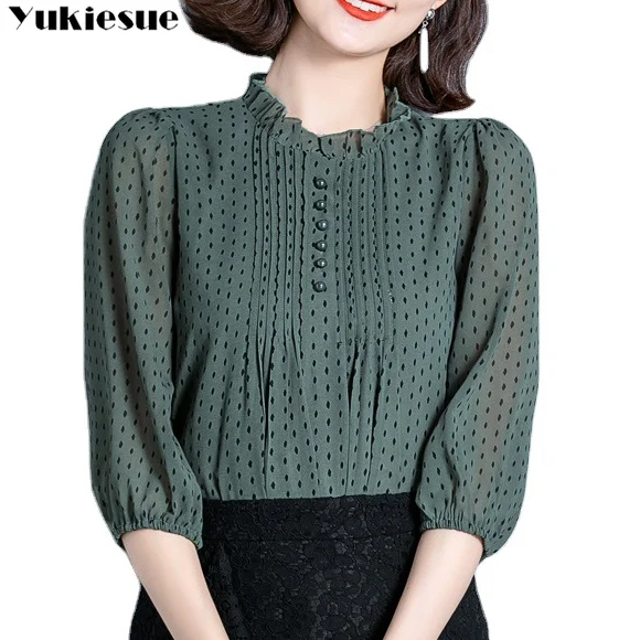 

Women Spring Autumn Style Chiffon Blouses Shirts top Lady Casual three quarter O-Neck Polka Dot Printed Chiffon Blusas Tops