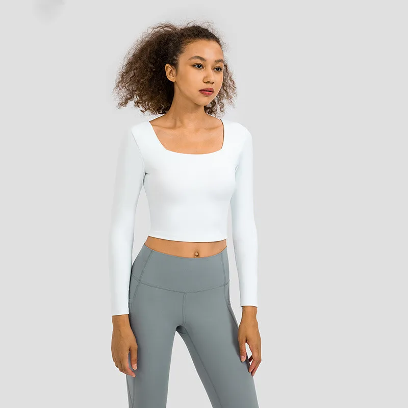 Solid Color Women Long Sleeve Yoga Shirt Sport Top Fitness Comprehensive Training Breathable U-neck Half Long Sleeves Chest Pad