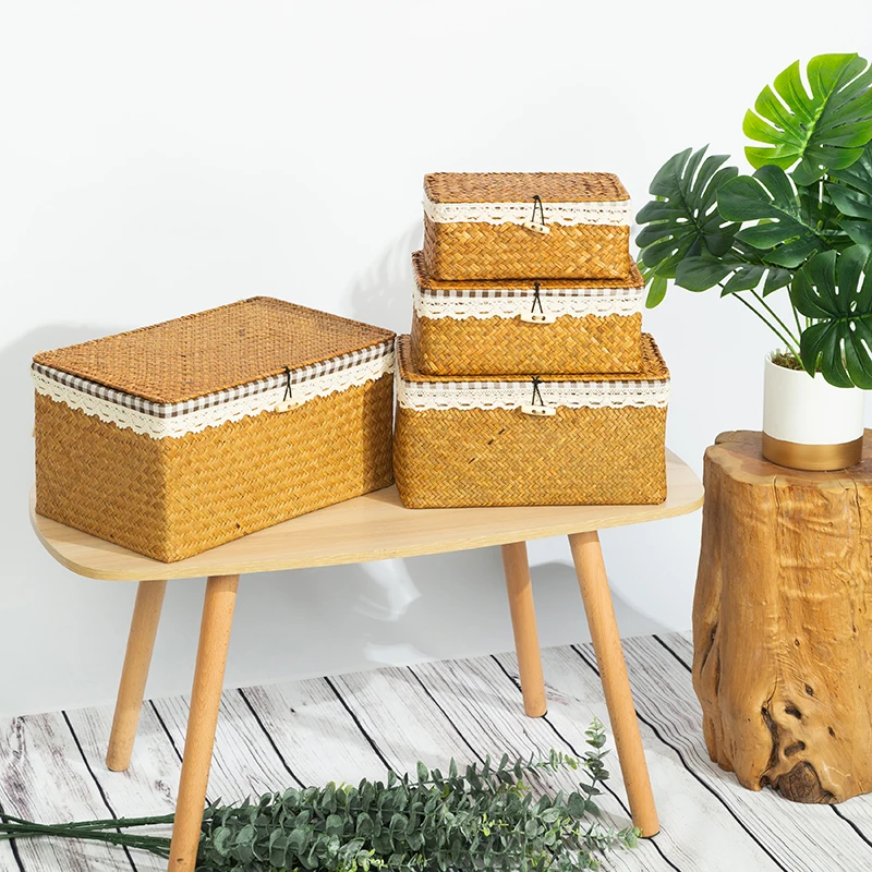 

Natural Seagrass Storage Baskets Handwoven Wicker Baskets with Lid Rectangular Multipurpose Organizer Handmade Container
