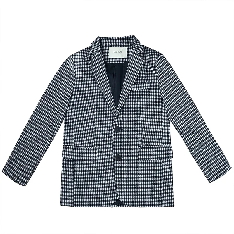 Women Vintage Black White Plaid Blazers Imitation Wood Button Big Pocket Suits 2021 Woman Spring Autumn Office Lady Work Blazer