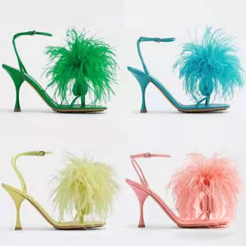 

2022 Summer Women's Sandals Feamle Feather Thin High Heels Shoes Ladies Round Toe Ankle Buckle Straps Fashion Concise Footwear