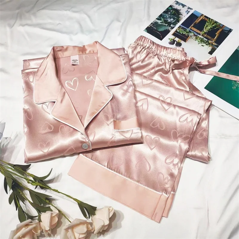 Women's Pajamas Set Rayon Full Sleeve Top Long Pants Summer Dragon Print Soft Pyjama Cozy Homewear Love Print Fashion PJS