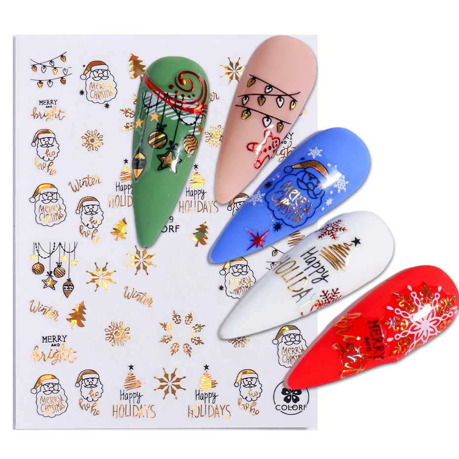 

Holographic Gold Christmas Stickers Cartoon Santa Claus Snowflake Decals Elk Tree Winter Nail Art Decoration 3D Manicure BECJ019
