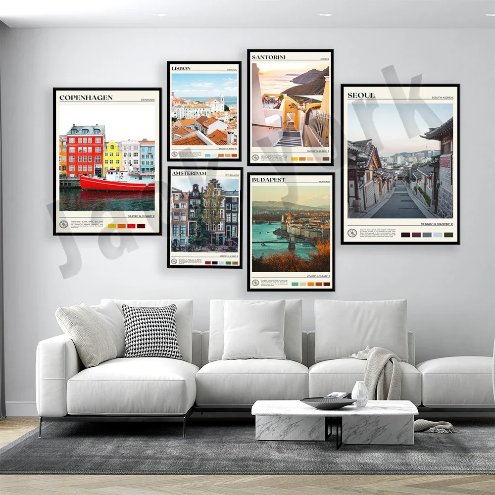 Paris Seoul South Korea Copenhagen Lisbon Warsaw Poland Nicosia Cyprus Amsterdam Switzerland Budapest travel poster