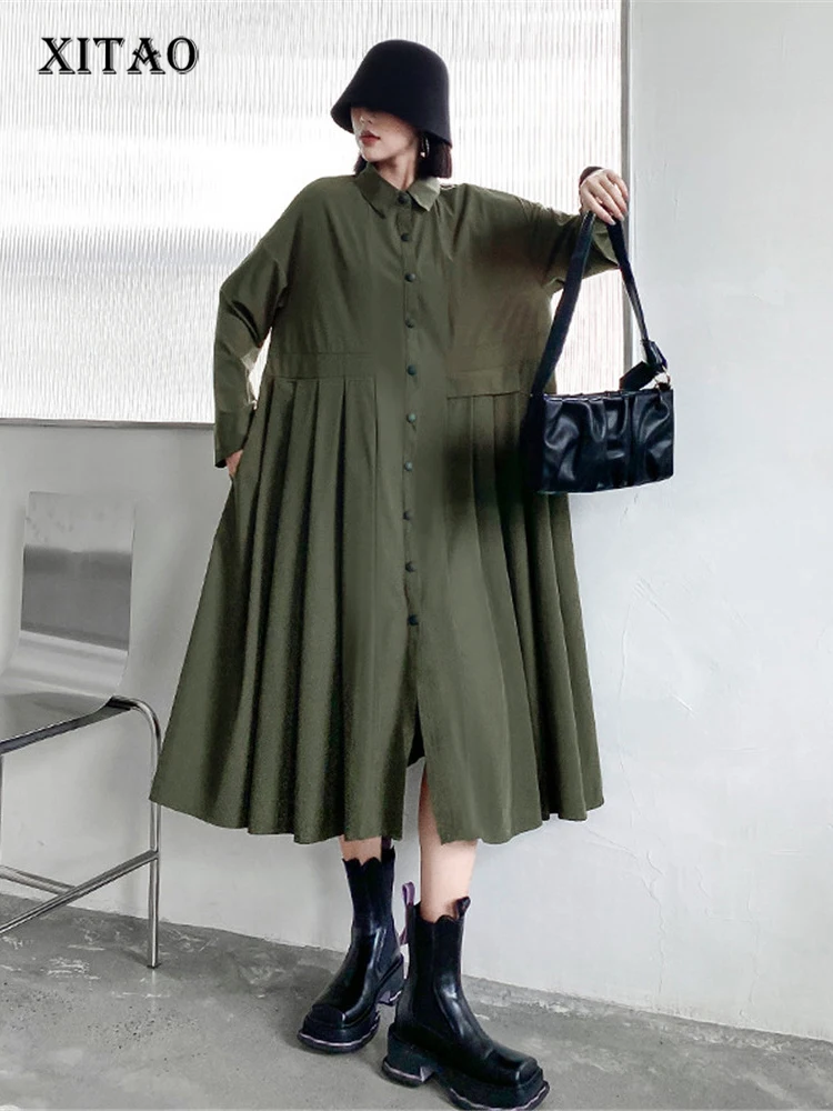 

XITAO Single Breast Dress Solid Color Pleated Full Sleeve Goddess Fan Casual Style Cardigans 2022 Autumn Minority Dress ZY8148