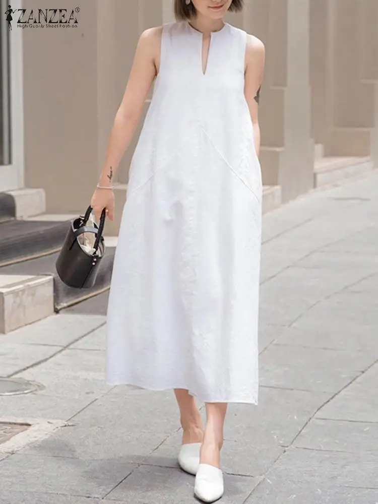 

Модное однотонное длинное платье ZANZEA, летние платья без рукавов, праздничные платья, женское повседневное свободное платье макси с V-образным вырезом, 2023