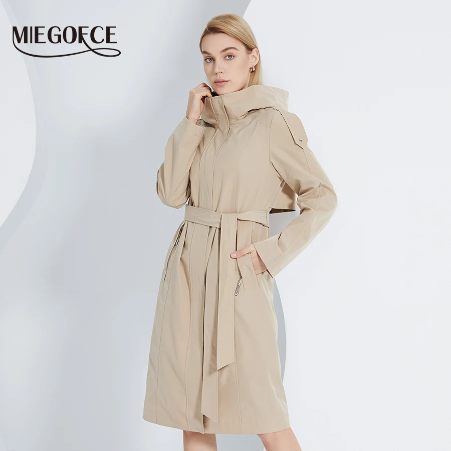 

MIEGOFCE 2022 Spring Autumn Fashion Women Hooded Long Windbreaker Plaid Splicing Belt Trench Coat Casual Windproof Parka F22829