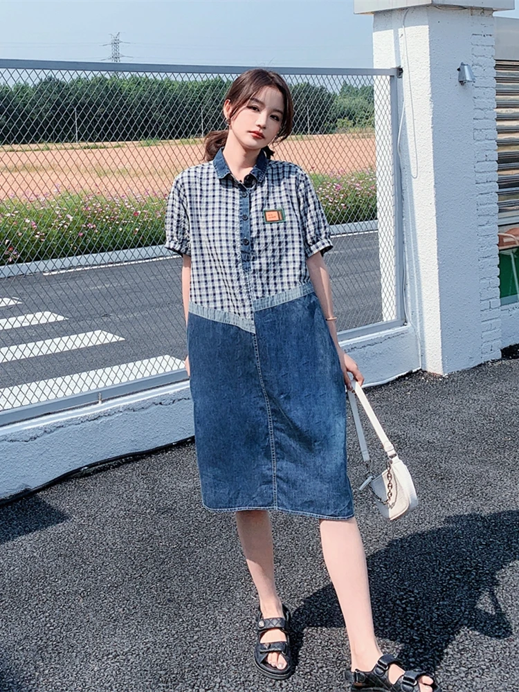 

2022 Summer New Plaid Spliced Denim Dress for Women Fashion Korean Style Loose Short Sleeve Casual Mid-long Shirt Dresses 5833