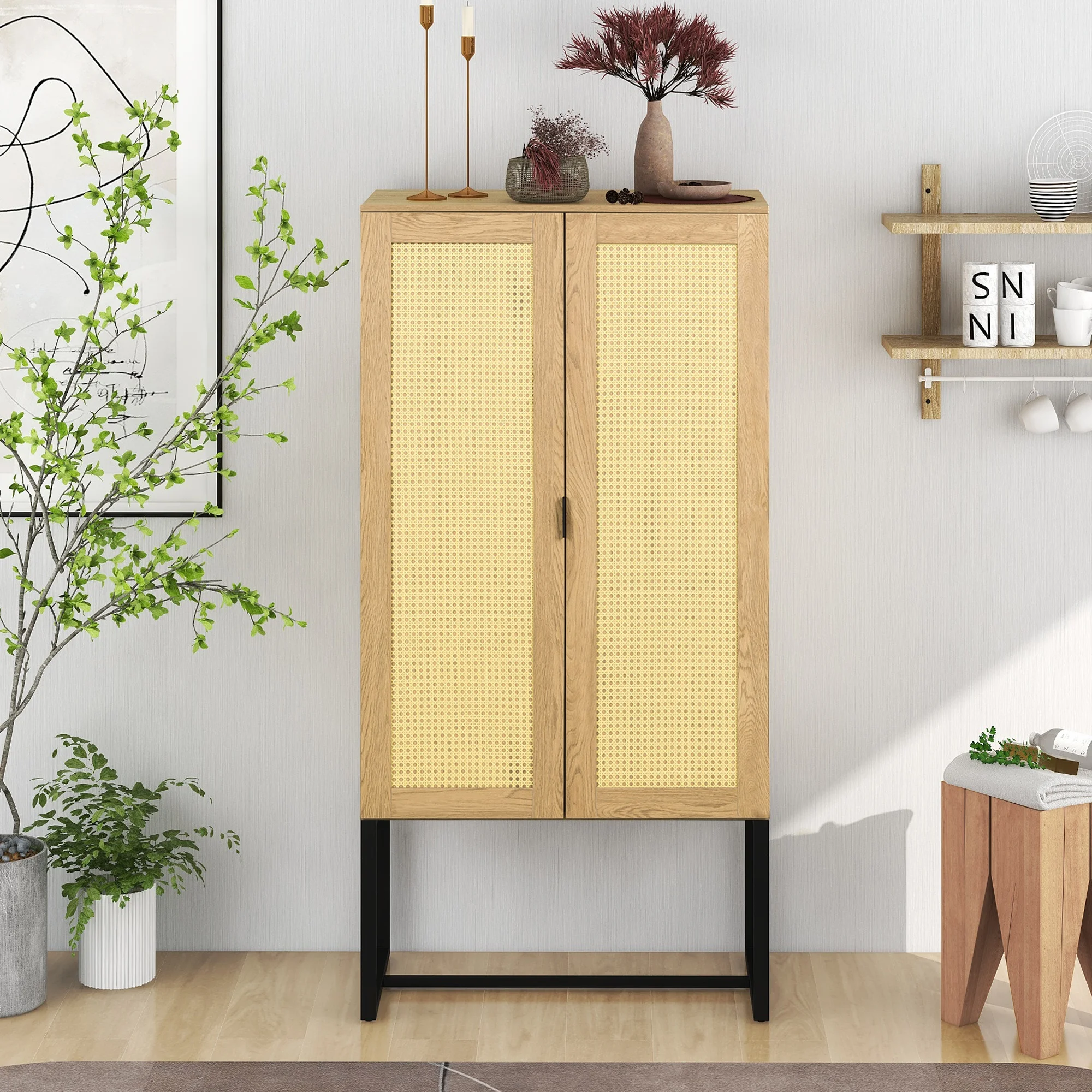 

Home Modern Furniture Wicker Storage Cabinet 2-Door High Cabinet Sideboard Rattan Wooden MDF Board Dining Room Natural Color