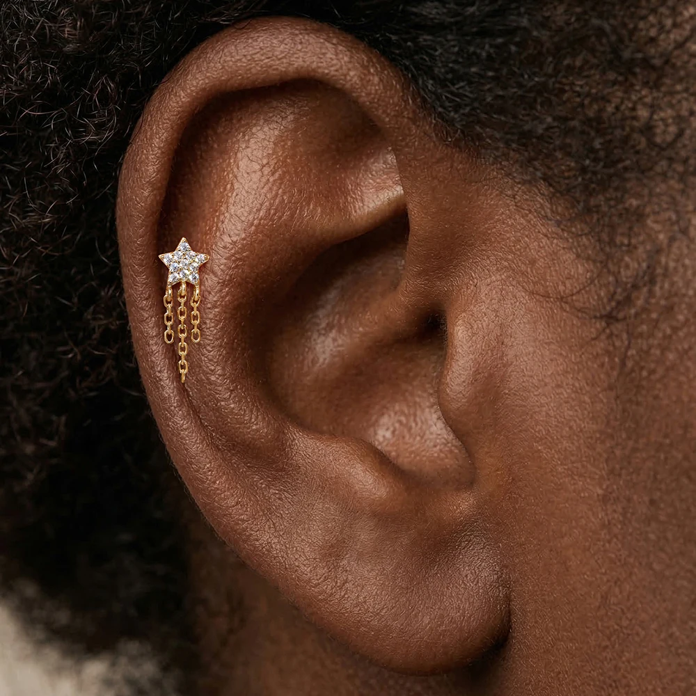 Фото Серьга-гвоздик CANNER 1 шт. из цельного золота 14K с цирконием, цепочка из титана G23, для пирсинга хряща, хеликса, трагуса, женская, подарок №3