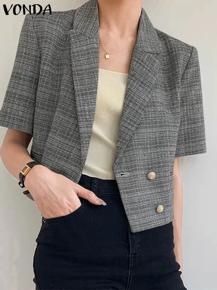 

Модные костюмы 2023 VONDA, женский элегантный Блейзер, летний однотонный свободный двубортный блейзер с коротким рукавом и отложным воротником, Офисная верхняя одежда