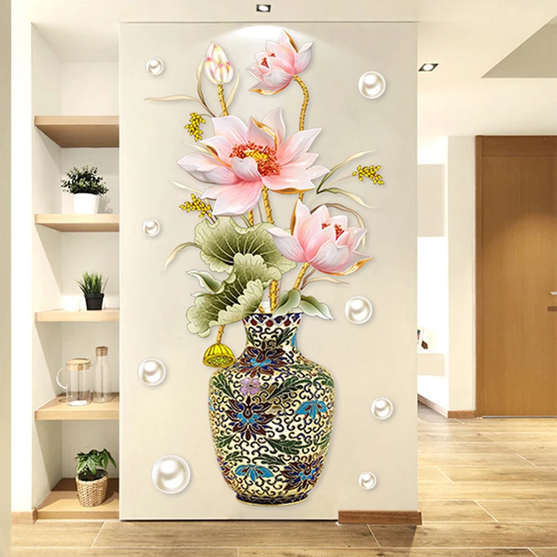 

Decorative Chinese Style Vintage Vase Wall Sticker Lotus Flower Fish Decoration Art Removable Living Room Background Home Decor
