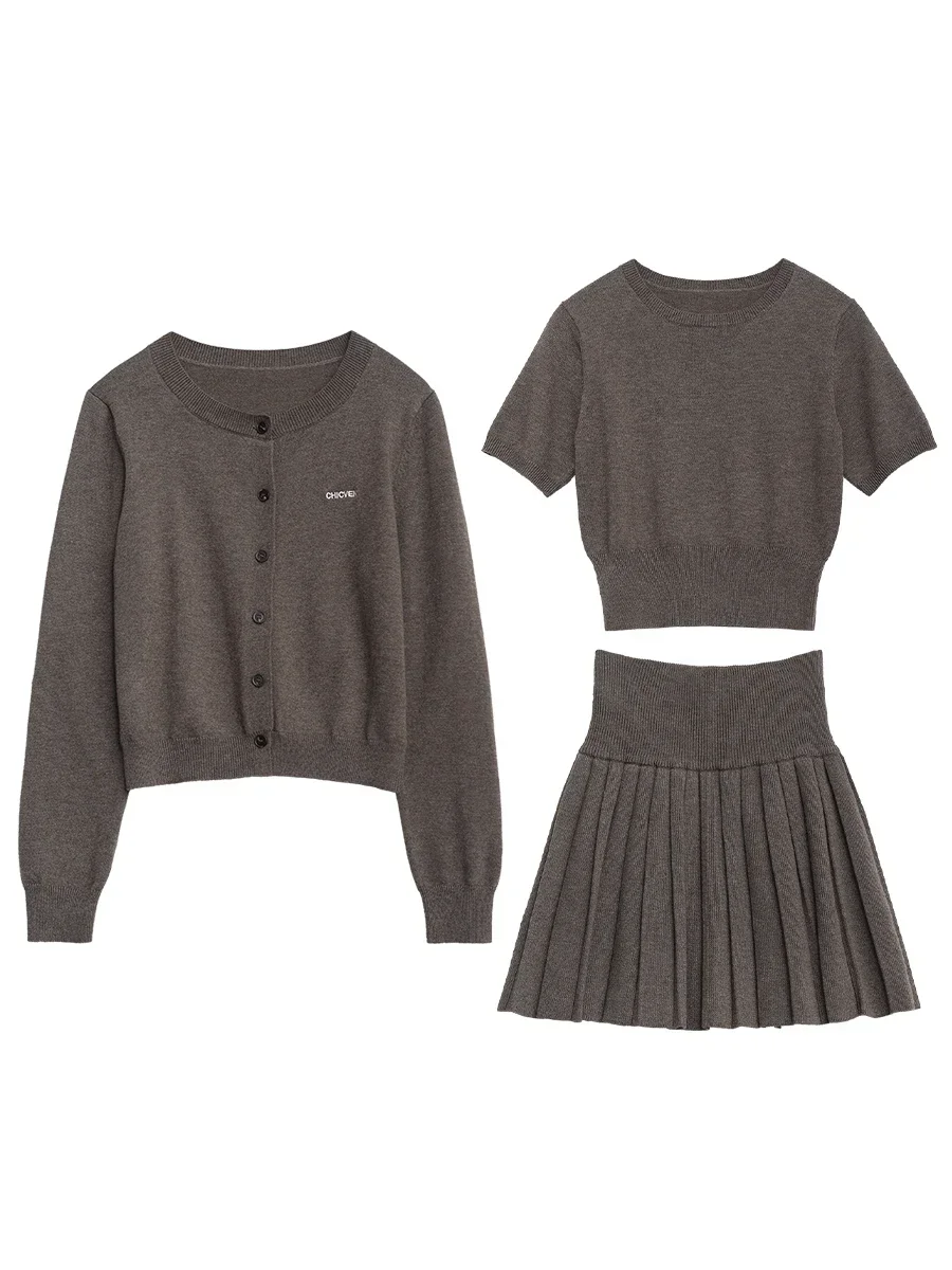 Женский комплект из трех предметов однотонный вязаный кардиган с коротким