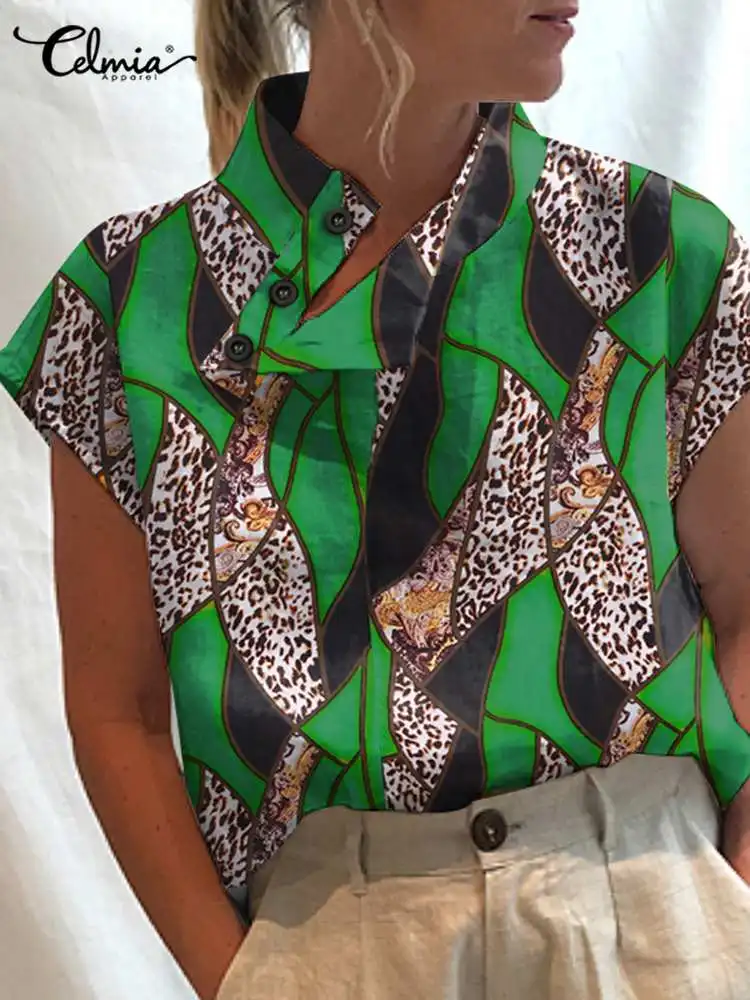 

Celmia Summer High Collar Tops Leopard Print Women Casual Loose Streetwear Blouse Short Sleeve Patchwork 2022 Fashion SHirts