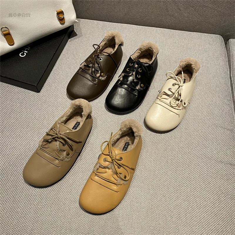 

Shallow Mouth Round Toe Women Shoes Autumn Loafers Fur Female Footwear Casual Sneaker Fall Winter New Dress Moccasin Slip-On Lac