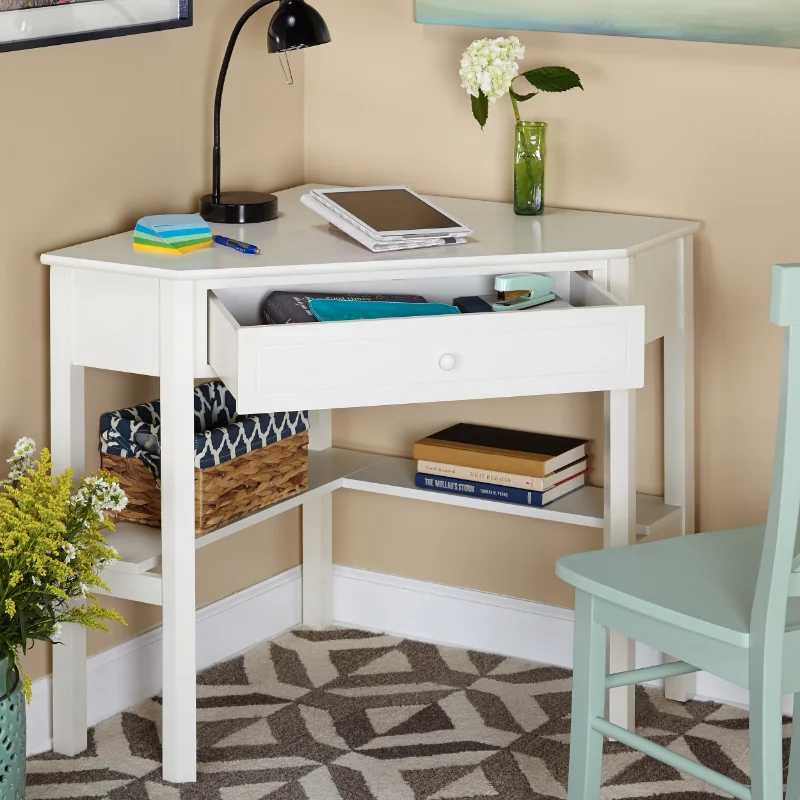 

Corner Office Writing Desk with Pull-out Drawer and Shelf
