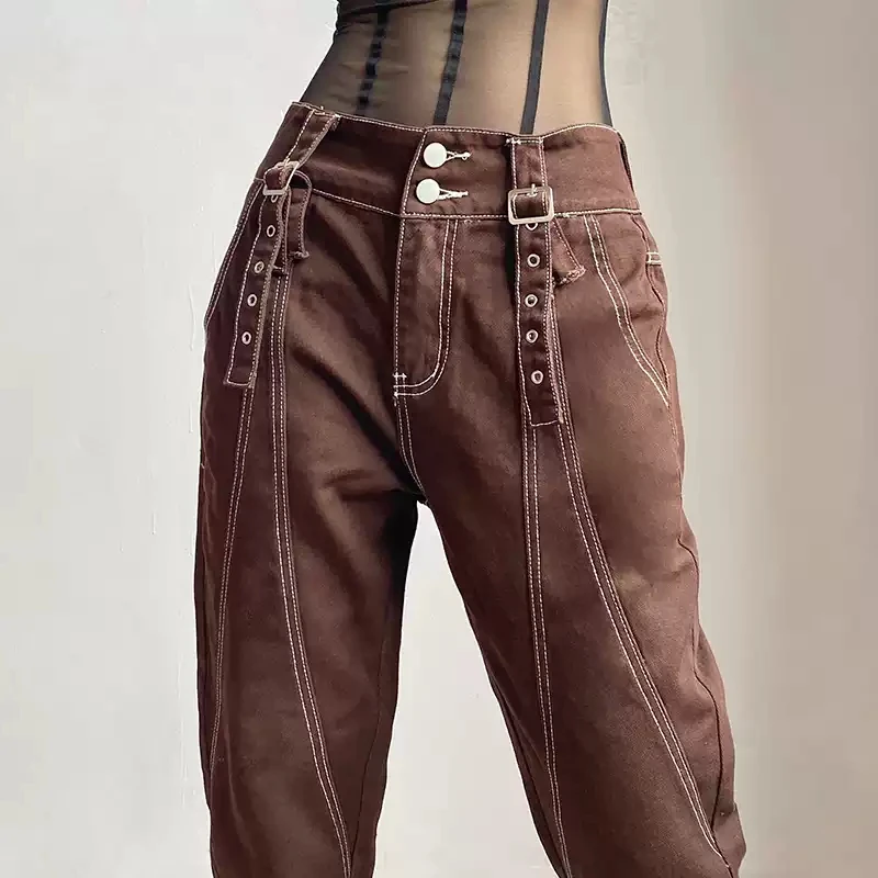 American Retro Brown Jeans Woman High Waist Y2k Flare Denim Trousers Korean Fashion Straight Pants Streetwear Personalized Jeans