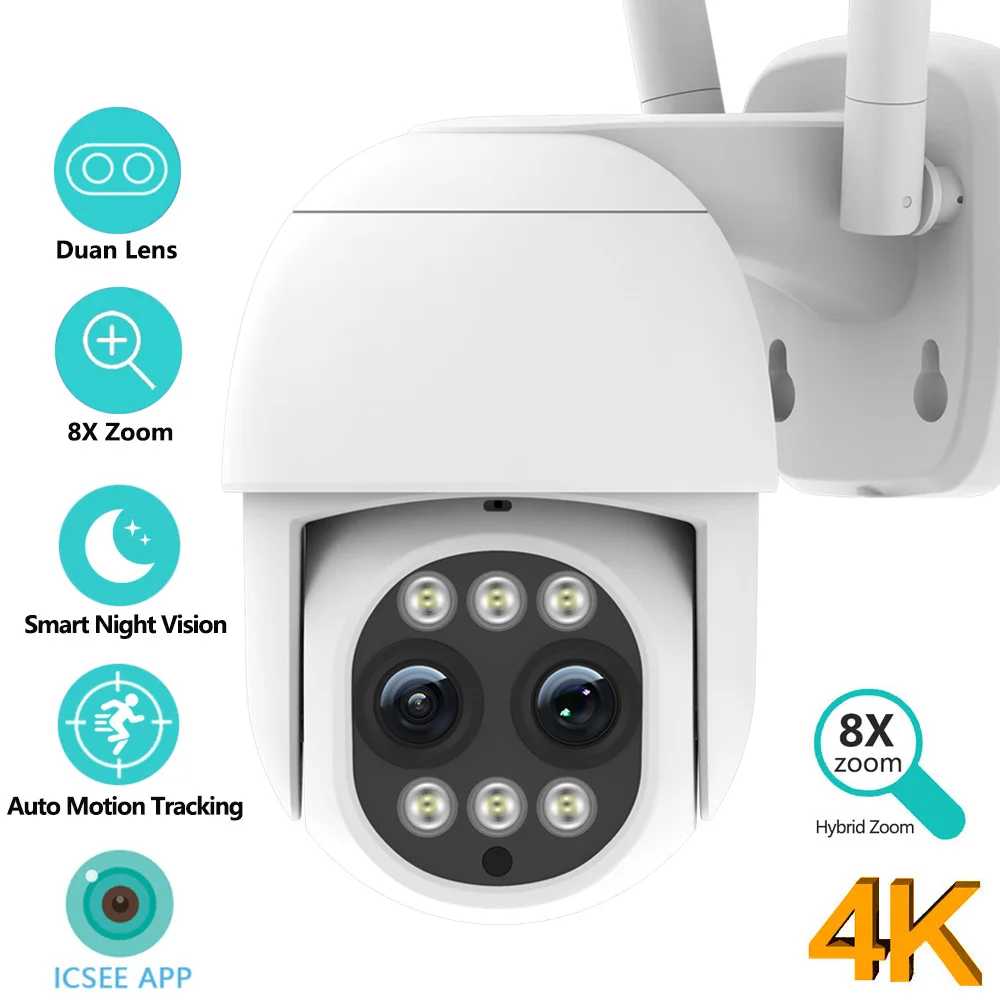 

8MP 4K IP Camera WiFi Security CCTV Camera Dual-Lens Color Night Vision 4MP 2K 8X Digital Zoom IP66 Outdoor Surveillance Camera