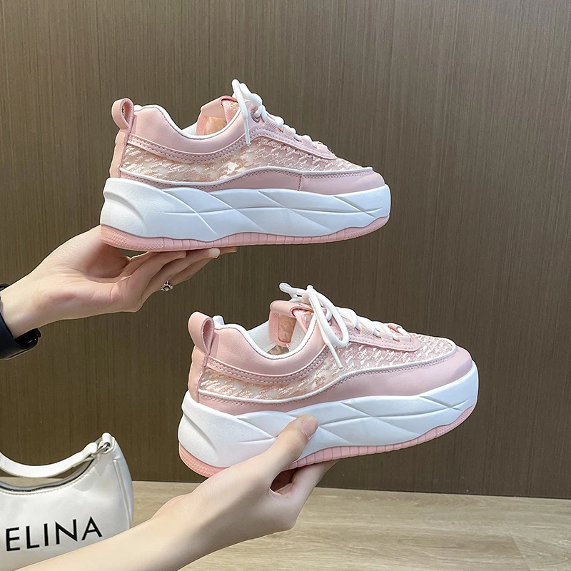 6CM Special Air Mesh Fashion Genuine Leather Comfy High Brand Breathable Chunky Sneaker Spring Summer Platform Women Wedge Shoes