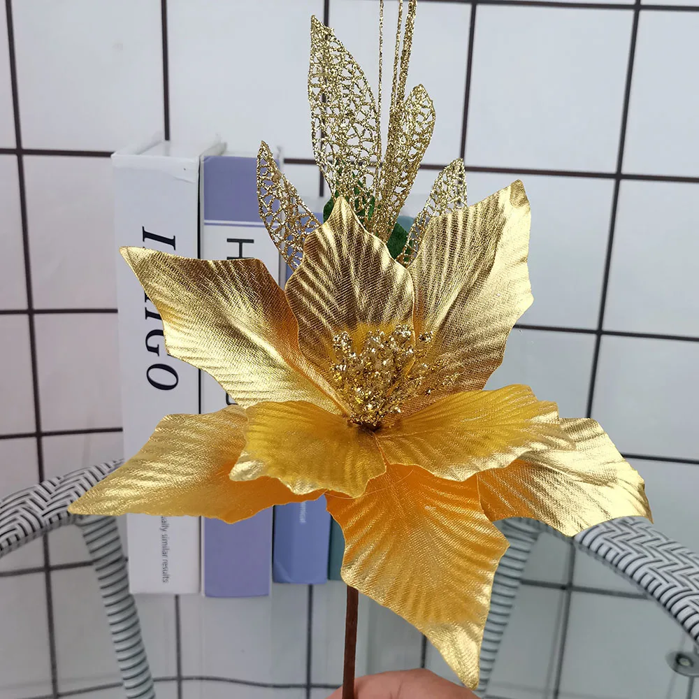 

35cm Christmas Flower for Christmas Tree Decoration Festival Party Wedding Ornament Gold Powder Artificial Flowers Home Mall Dis