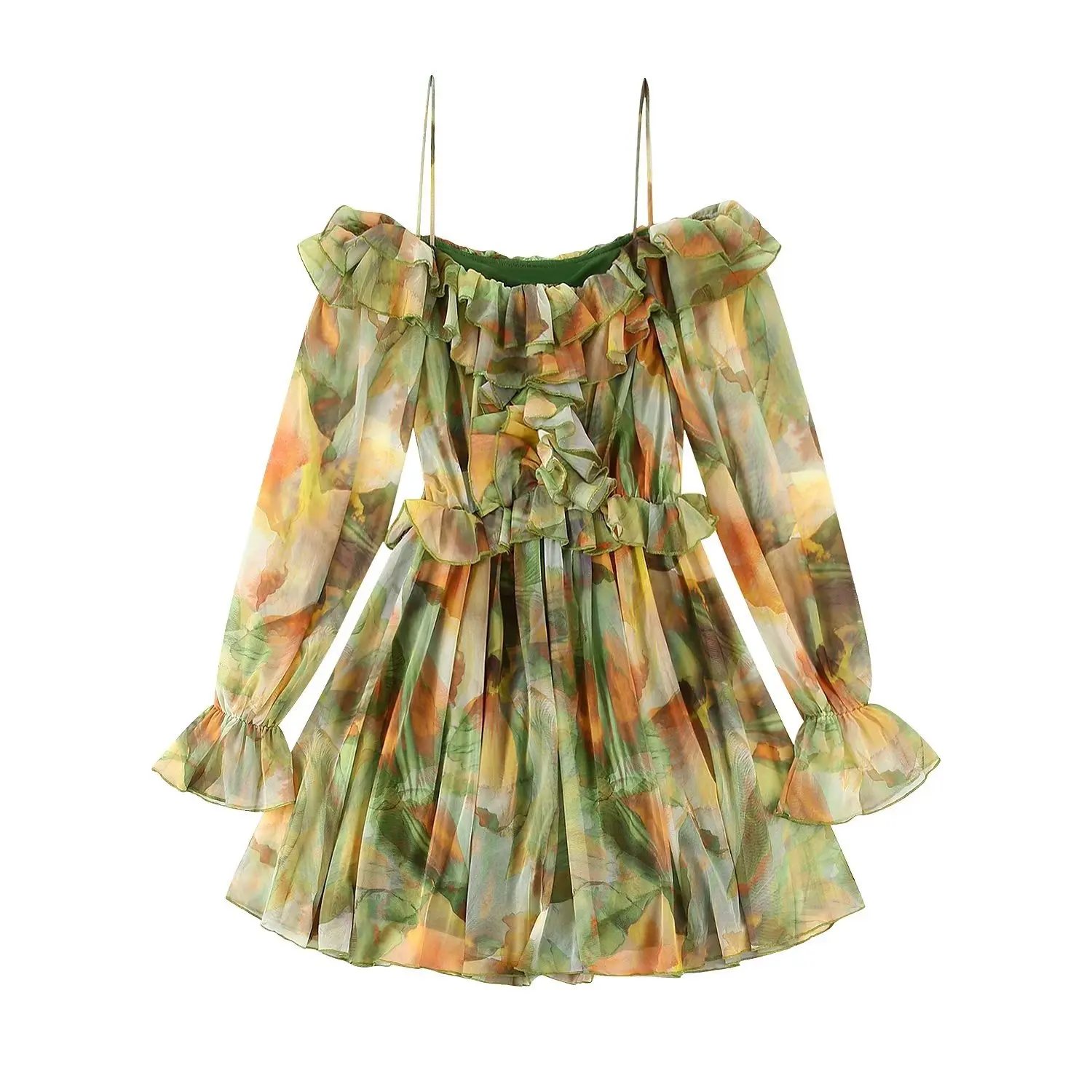 

Женское мини-платье с оборками, открытыми плечами и длинным рукавом