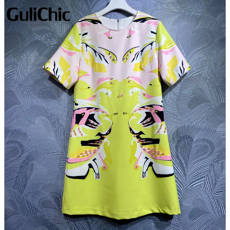 

7.7 GuliChic Women Elegant Temperamnet Fashion Chic Print Crystal Beading Decoration Round Neck Back Zipper Mini Dress