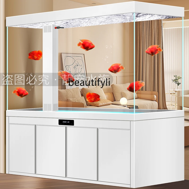 Большой аквариум с изображением дракона в гостиной от пола до потолка