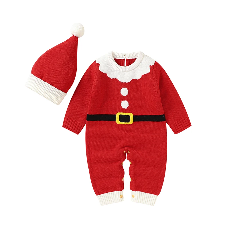 

Newborn Baby Christmas Rompers Hats Outfits Clothes Winter Red Santa Claus Knitted Toddler Infant Boy Girl Jumpsuits Long Sleeve