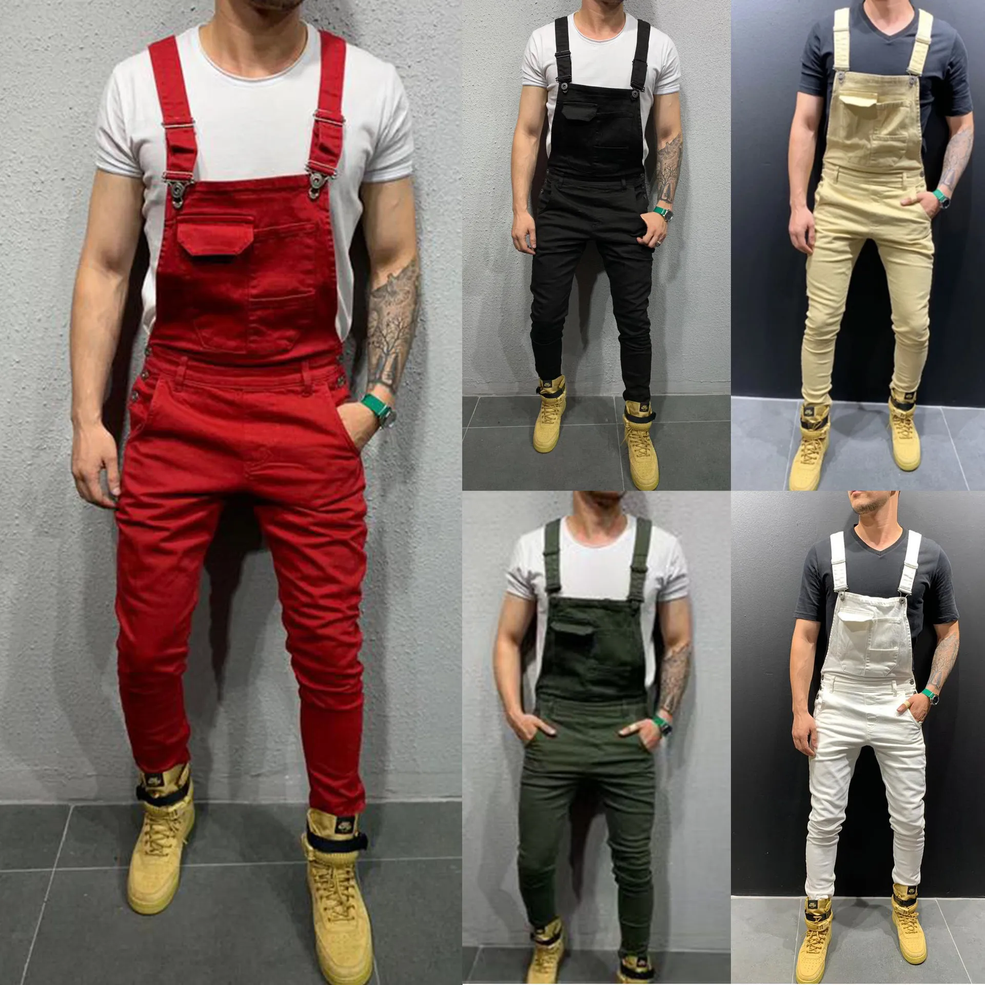 New Denim Bibs Slim Men's Jeans Jumpsuits Trousers Solid Color Male Overalls Full Length Skinny Pants Mameluco Hombre Trabajo