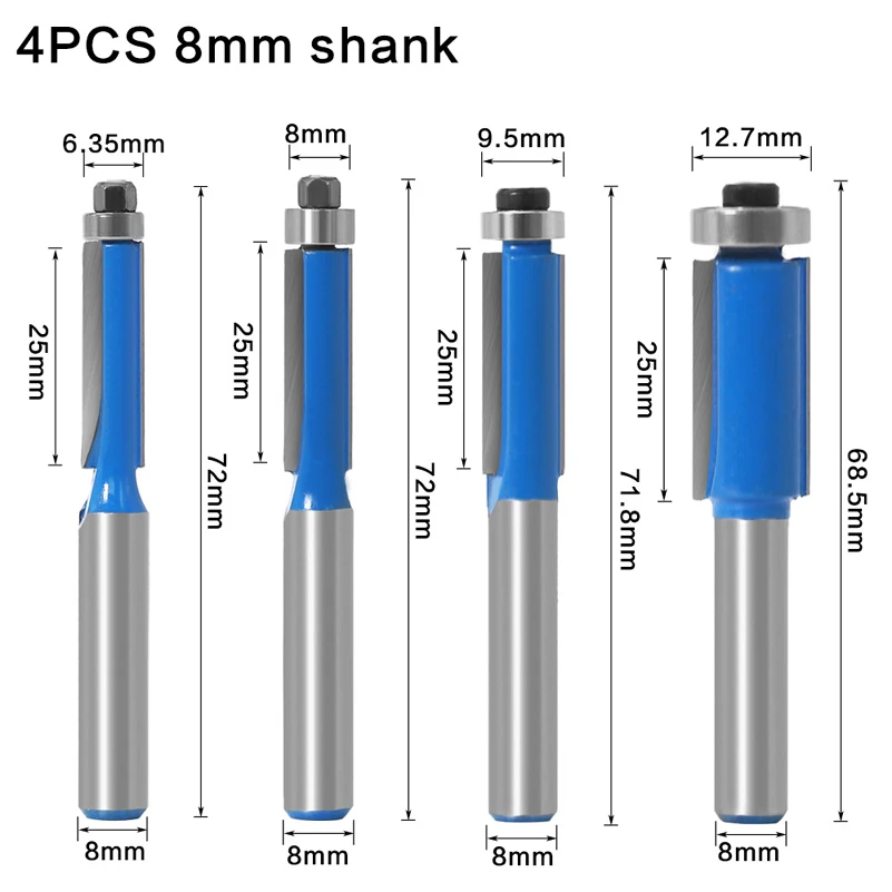 

4PCS 8mm Shank 1" Flush Trim Router Bit with Bearing for Wood Template Pattern Bit Tungsten Carbide Milling Cutter for Wood