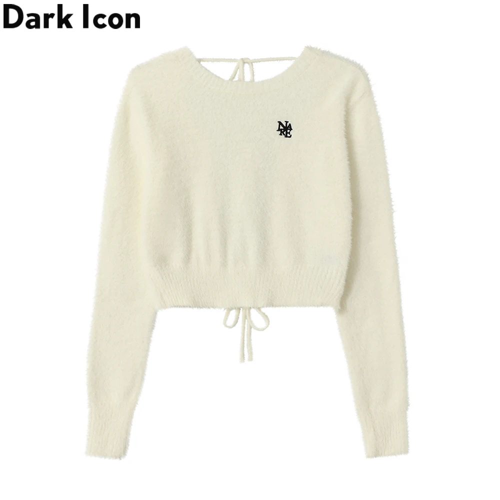 

Dark Icon Back String Cropped Sweater Knitwear Letters Embroidery Girl's Sweater Black Beige