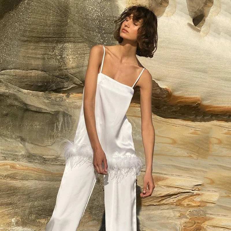 

QWEEK Satin Pajamas with Feathers White Black Sexy Lingerie Trouser Suits for Women Loungewear Designer Clothes Luxury Summer