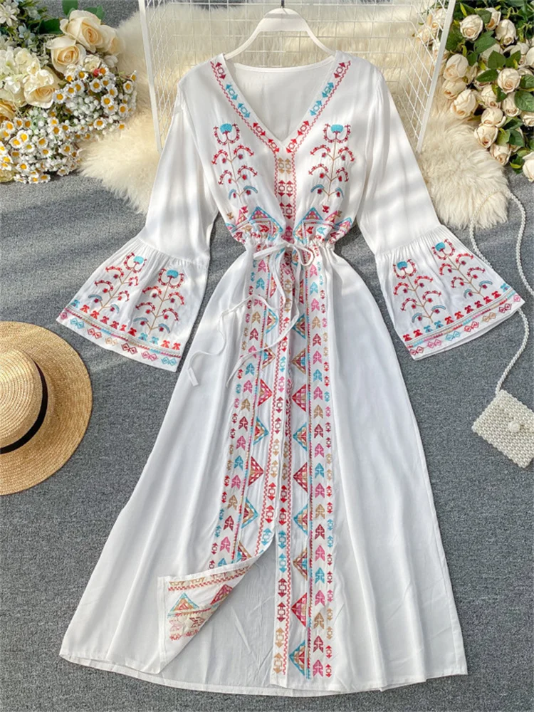 

Women's Summer Spring 2022 Vacation Heavy Industry Embroidery Draw Drawstring Waist V Neck Flare Sleeve Ladies Dress Y2k Clothes