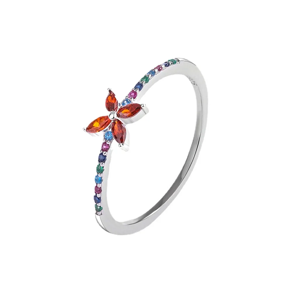 Original 925 Sterling Silver Maple Leaf Shaped Ring for Women Single Row of Colorful Zircon Finger Ring Jewelry Gift