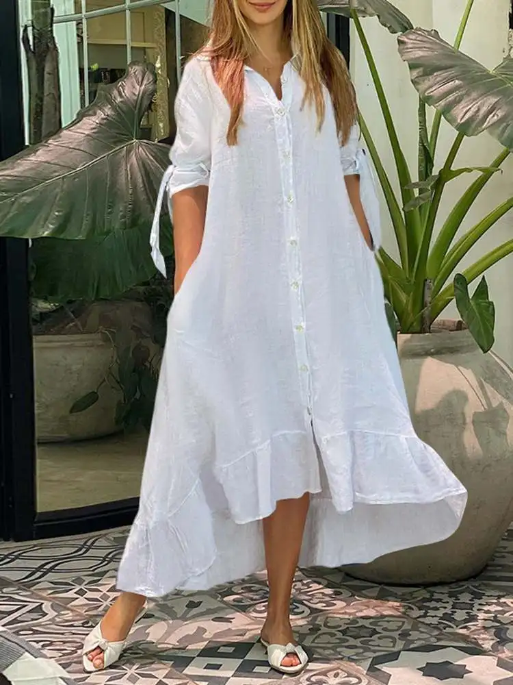 

VONDA Autumn Women Party Maxi Dress 2022 Casual Solid 3/4 Sleeve Long Dresses Asymmetrical Casual Ruffled Vestido Beach Sundress