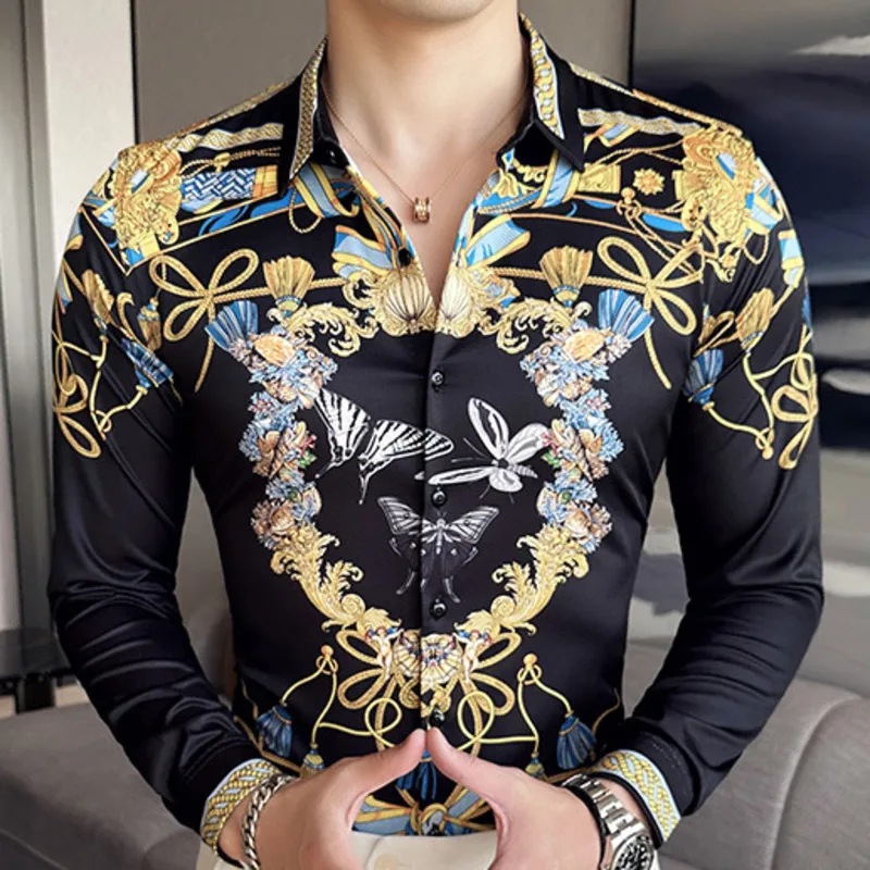 

2023 Korean Men Slim Fit Dress Shirt Men Black Gold Baroque Print Flower Shirt High Quality Streetwear Social Camisa Masculina