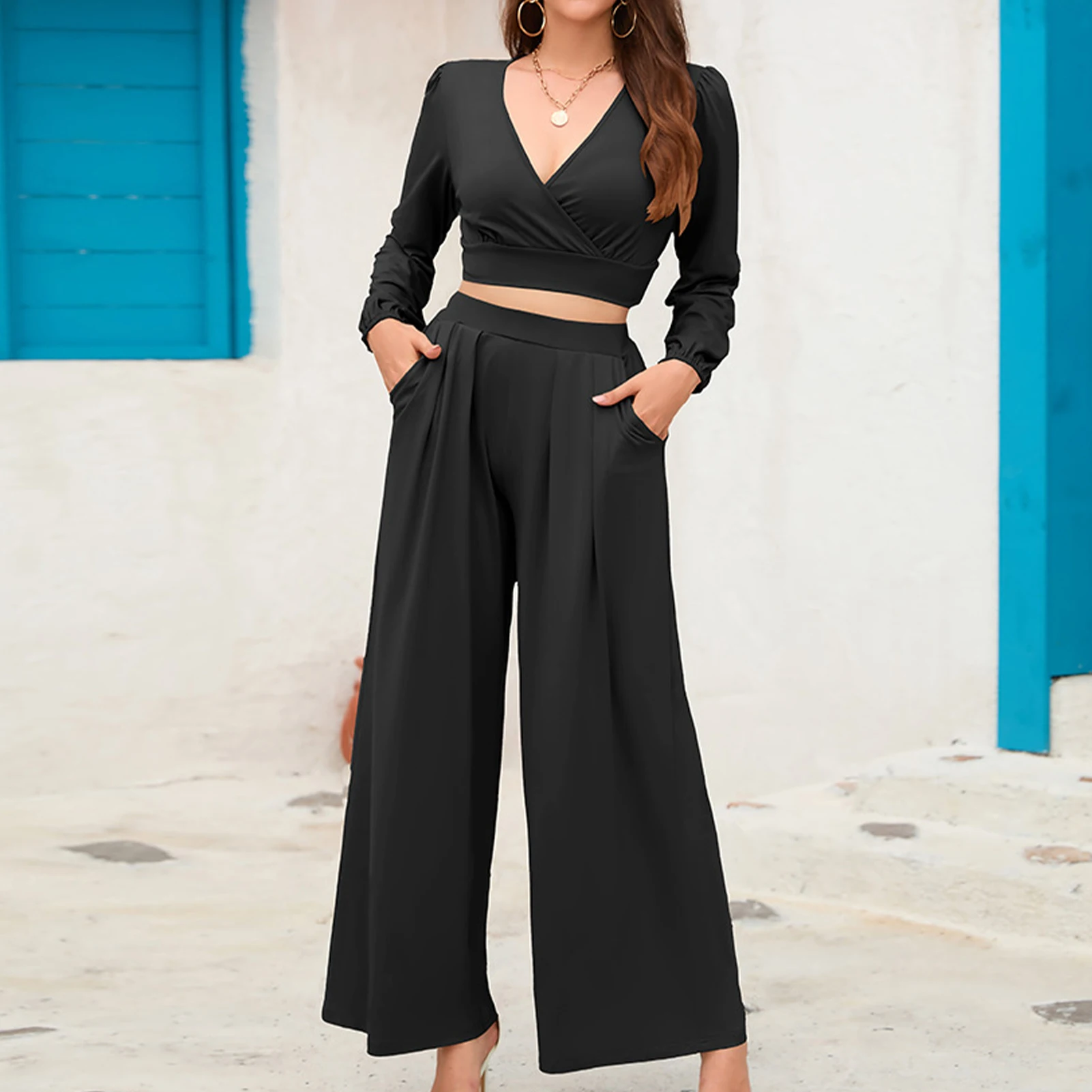 

Women Pullover Tops & Palazzo Pant Elegant Tees Top & Elastic Waist Pant Set Solid Color Simple Comfy Fall Tracksuits