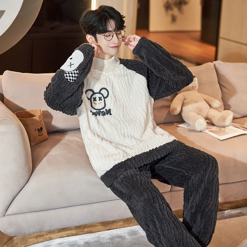 QUHENG Winter Men's Pajama Flannel Pants Set 2022 New Autumn Thick Warm Sleepwear for Couples Casual Loose Home Costumes Set
