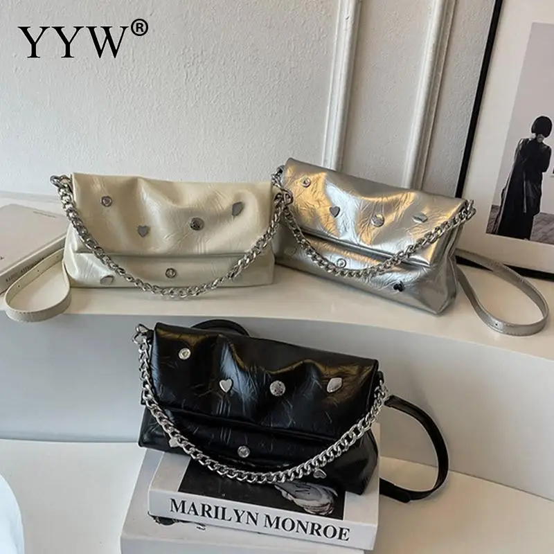 

High Quality Soft PU Leather Women Clutch Handbag Elegant Metal Chain Foldable Envelope Purse Crossbody Single Shoulder Tote Bag