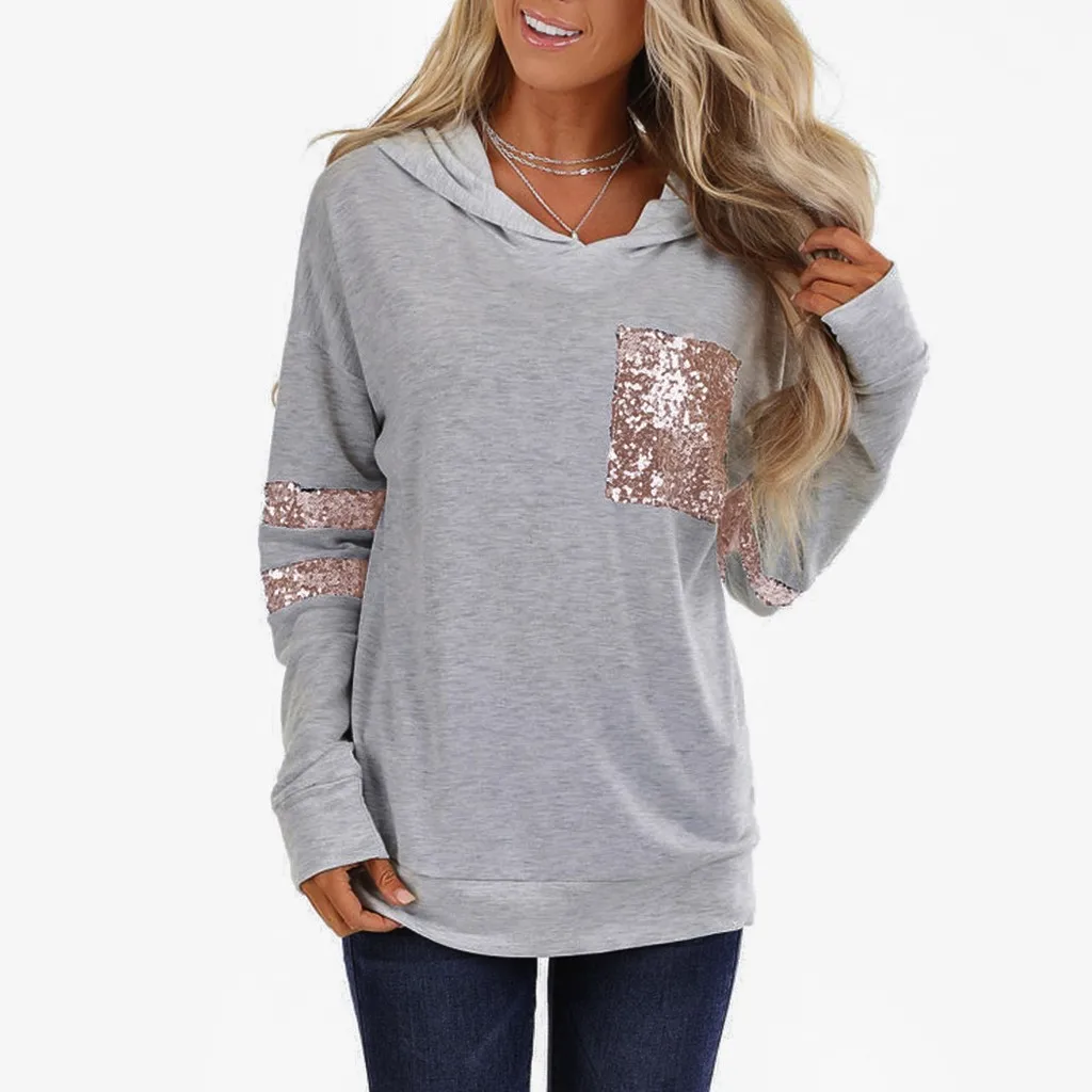 

Women Long Sleeve Sequins Pocket Splicing Striped Pullover Hoodie Sweatshirts