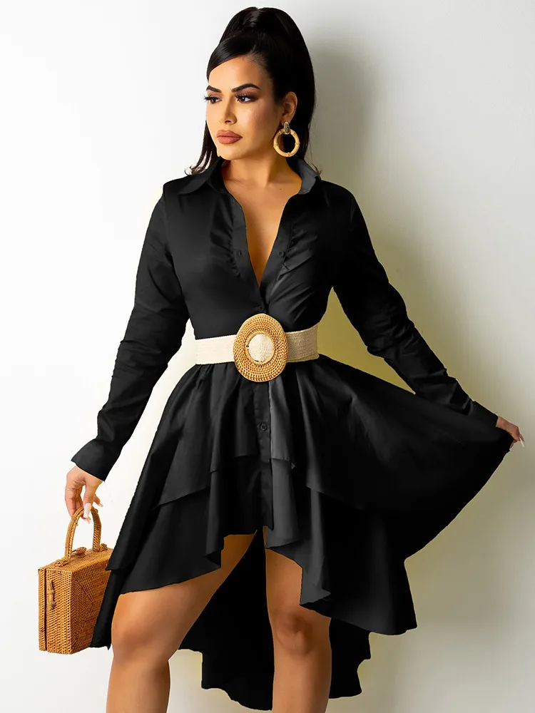

Fashion Slim Fit Button Design Irregular Ruffled Dress Without Belt Vestidos De Mujer Casual Elegant Mini Robe Female