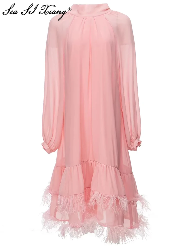 Seasixiang Fashion Designer Spring Summer Women Loose Dress Stand Collar Lantern Sleeve Feathers Vintage Solid Dresses