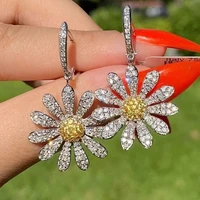 sweet sunflower floral shaped full rhinestone zircon dangle copper earrings for women female girls causal party jewelry