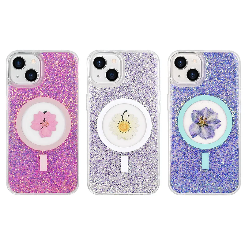 Magnetic Phone Case For iPhone 14 Pro Max Wireless Charging Cover For iPhone 14Plus Dried Flower Glitter Transparent Magnet Case