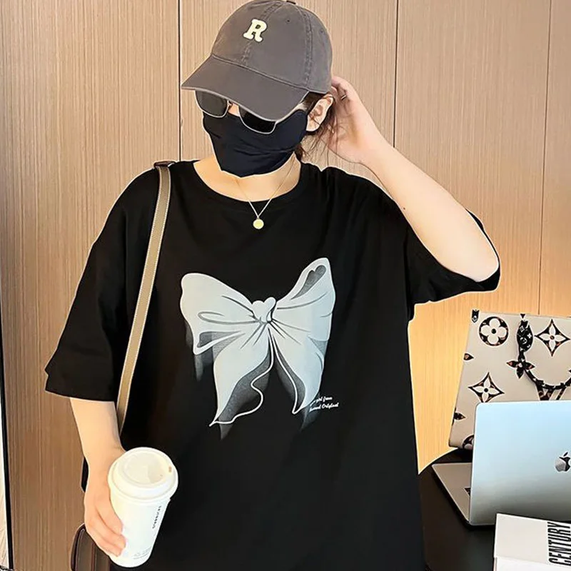 Summer Clothes for Women Plus Size Korean Butterfly Print Design Short Sleeve T-Shirt Black White Loose Round Neck Pullover Tops