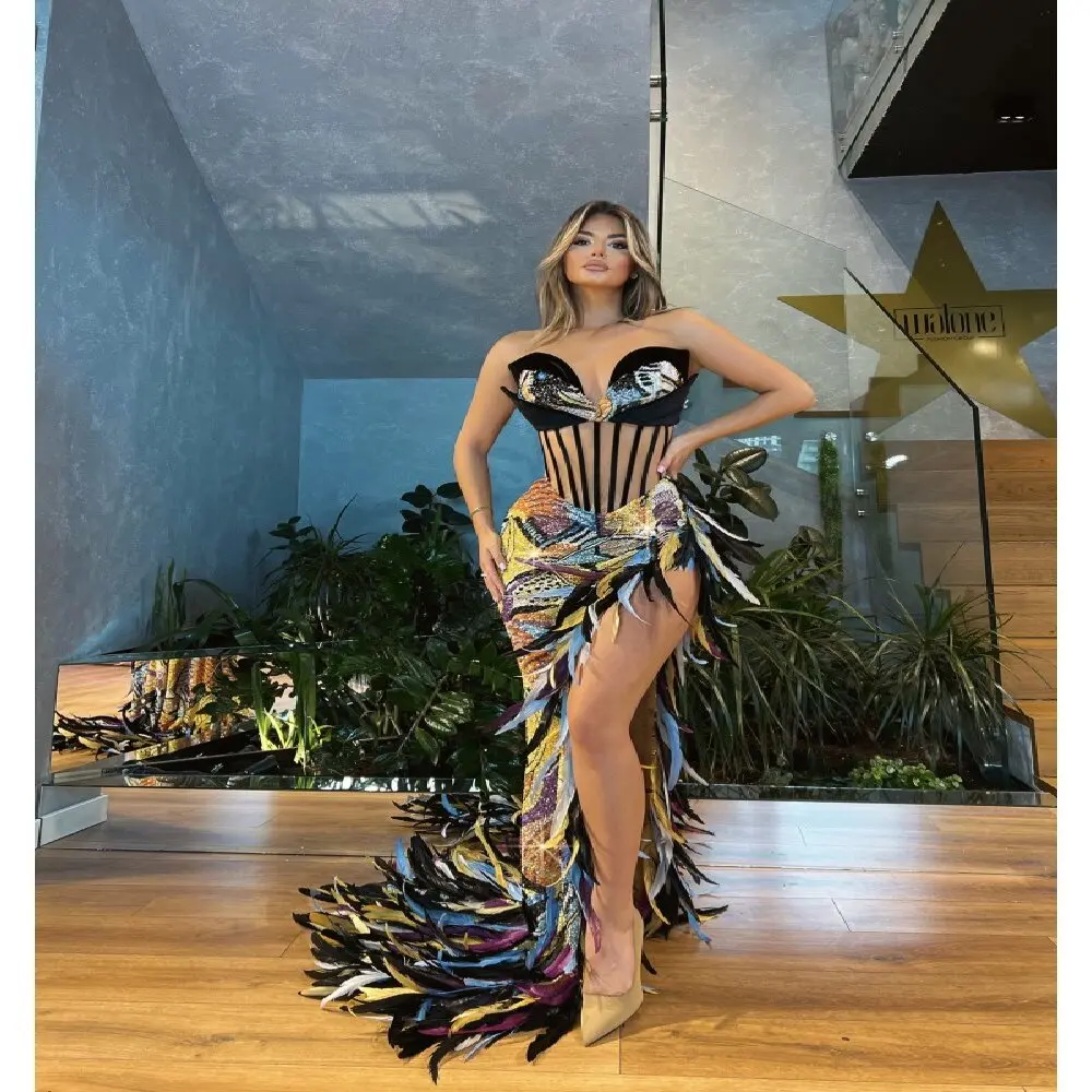 

Gorgeous Colorous Women's Dress New Lady Flash Embroidered Flares Feather Decoration Long Vestido Chic Female Evening Party Gown