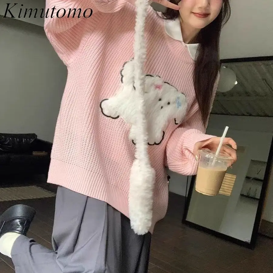 Kimutomo мультфильм Kawaii большой свитер женский с круглым вырезом контрастный милый