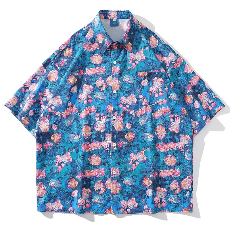 

Mens Oversize Hawaii Short Sleeve Shirts 22SS Unisex Harajuku Painting Flowers Turn-Down Collar Women blouse Shirts Tropica Tops