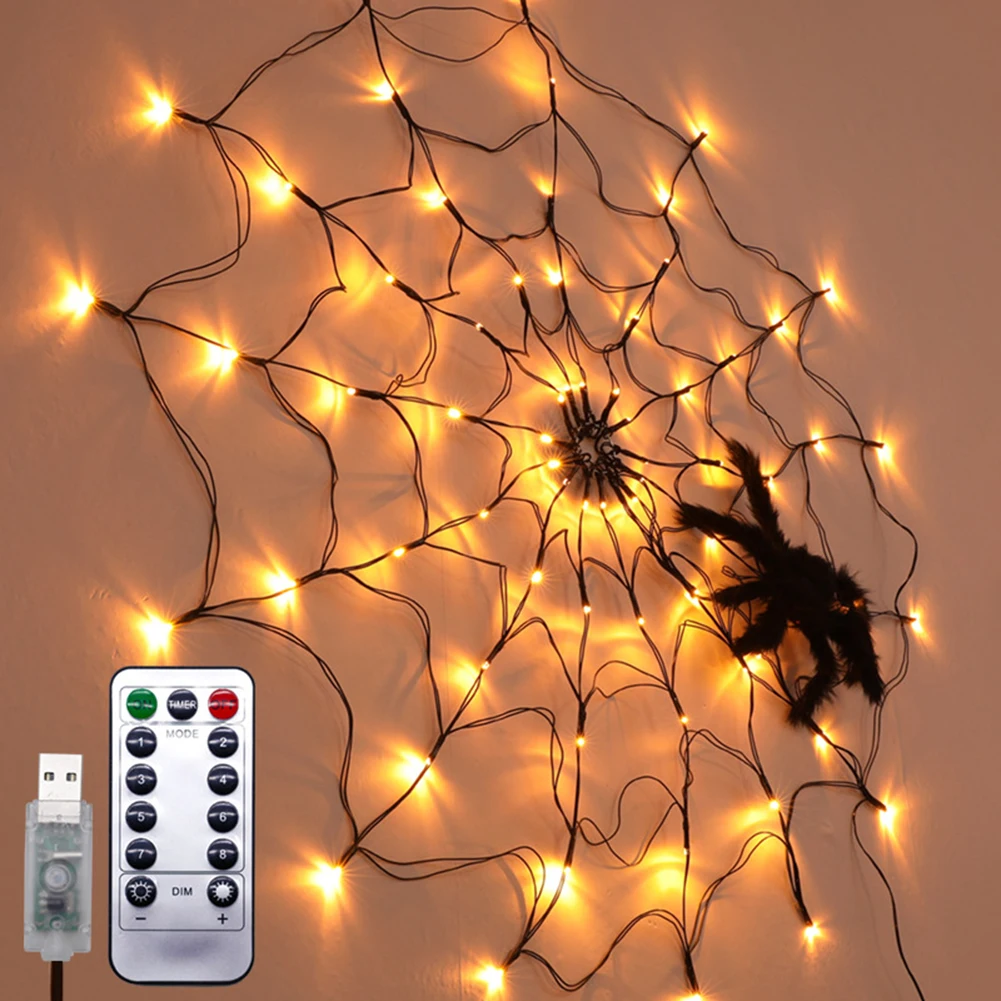 

2024 LED Halloween Light Spider Web Decoration Lights 8 Modes Remote Control Spider Net Lamp Decorative Atmosphere Party Light