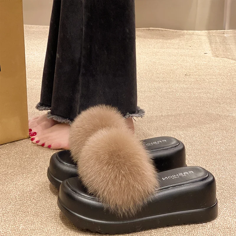 

Шлепанцы женские из флока, меховые сандалии на платформе, роскошные плюшевые шлепанцы, летняя обувь, 2023